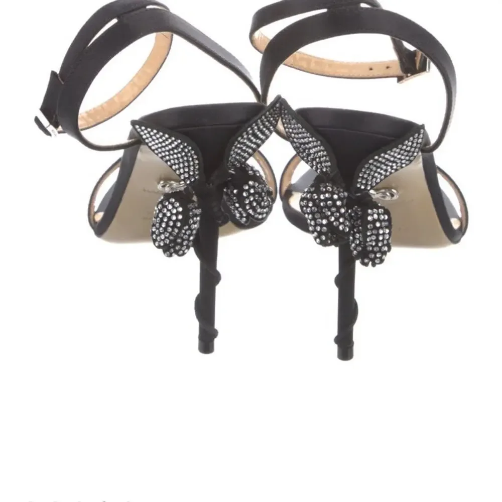 Mach & Mach Crystal Blossom Satin Sandals Black Statement Heels NWOB Sz 38.5/8.5